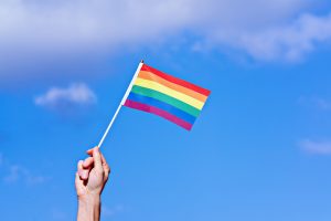 Karen Lewis LCSW Teaneck New Jersey_Raised hand waving LGBTQ flag
